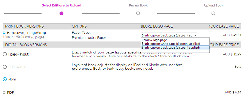 specifying the colour of the logo page when uploading a book