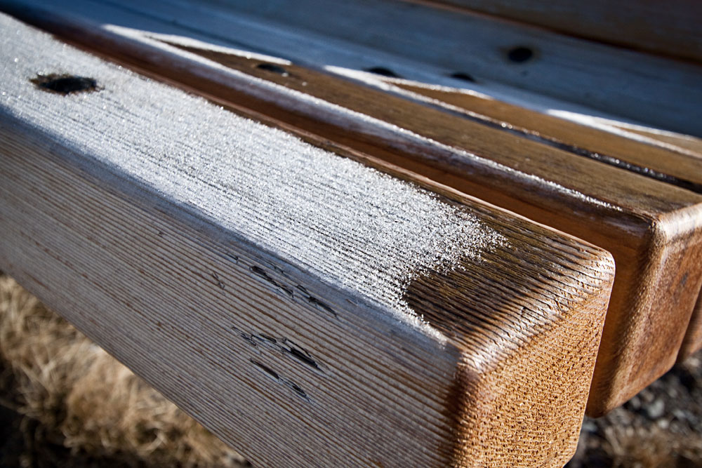 snow on a bench at Barrier Lake