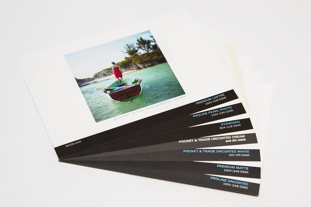 Blurb Swatch Kit: samples of the various paper options (colour image on one side, black and white image on the other side)